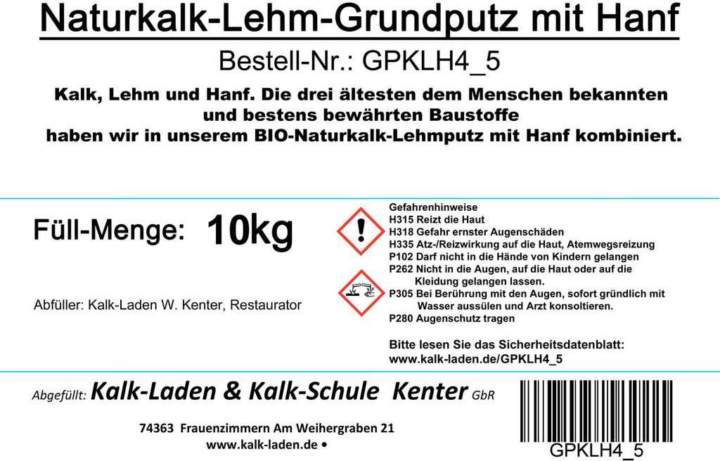 Naturkalk-Lehm-Grundputz mit Hanf (HP9KL), 10 kg im Eimer Produktbild 
