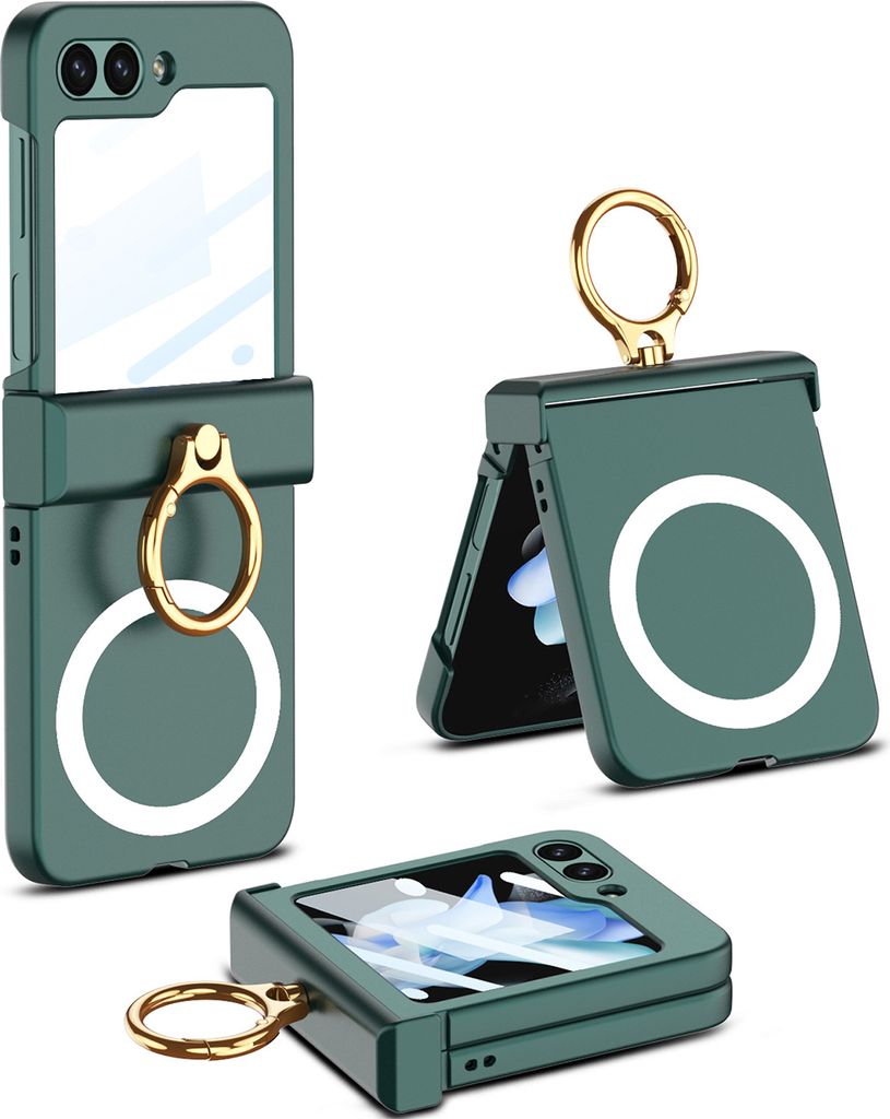 A collage of a green flip phone case with a gold ring stand, shown from different angles.