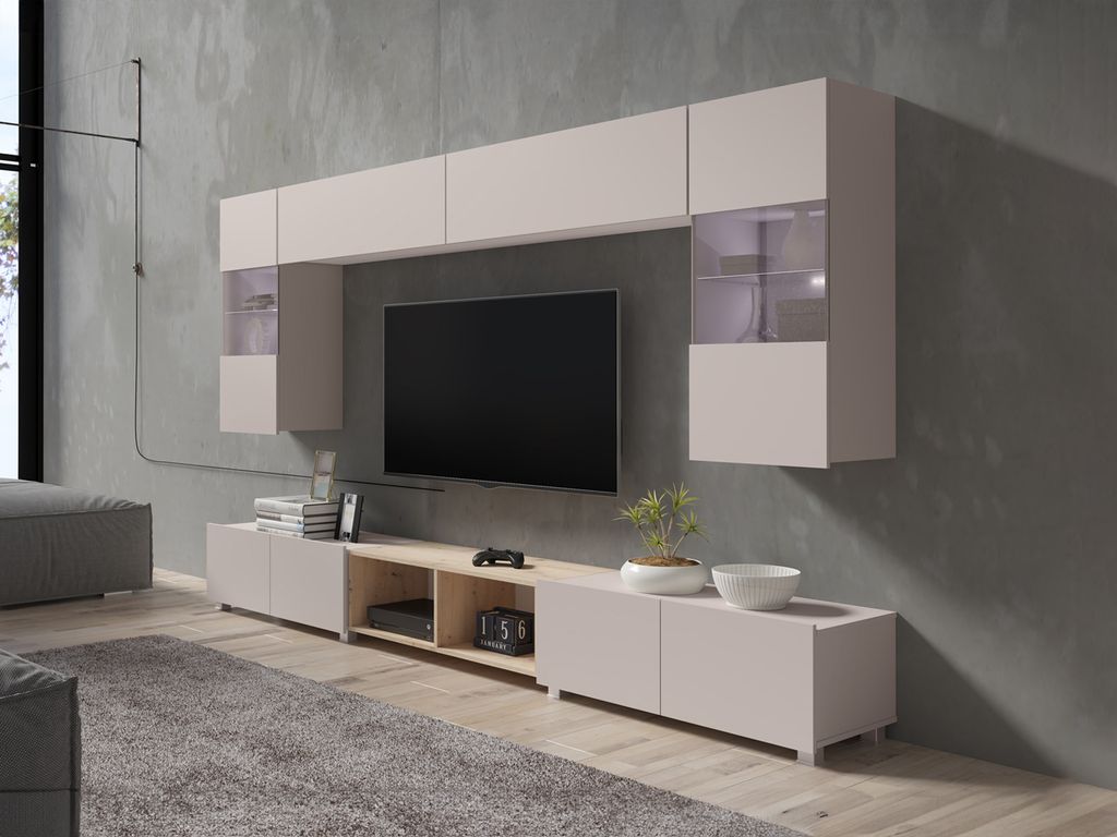 Wohnwand CALABRINI-24 Wohnzimmer-Set Hängewohnwand Schrankwand Schrank TV-Schrank Vitrine mit LED-Beleuchtung Moderne Anbauwand (Kaschmir / Artisa...