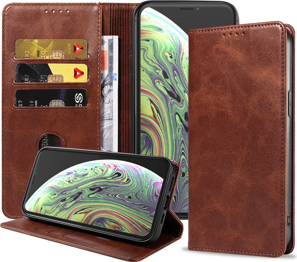 Smartphonica iPhone X/Xs Kunstledertasche mit Magnetverschluss und Kartenhaltern Buchhülle - Dunkelbraun