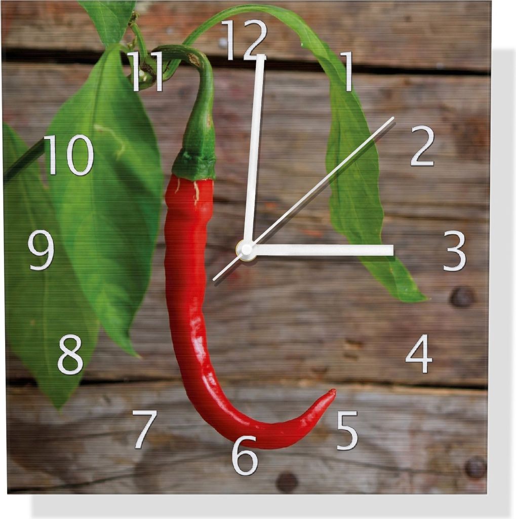 Wallario Design Wanduhr Hängende Chili-Schote aus Aluverbund, Größe 30 x 30 cm