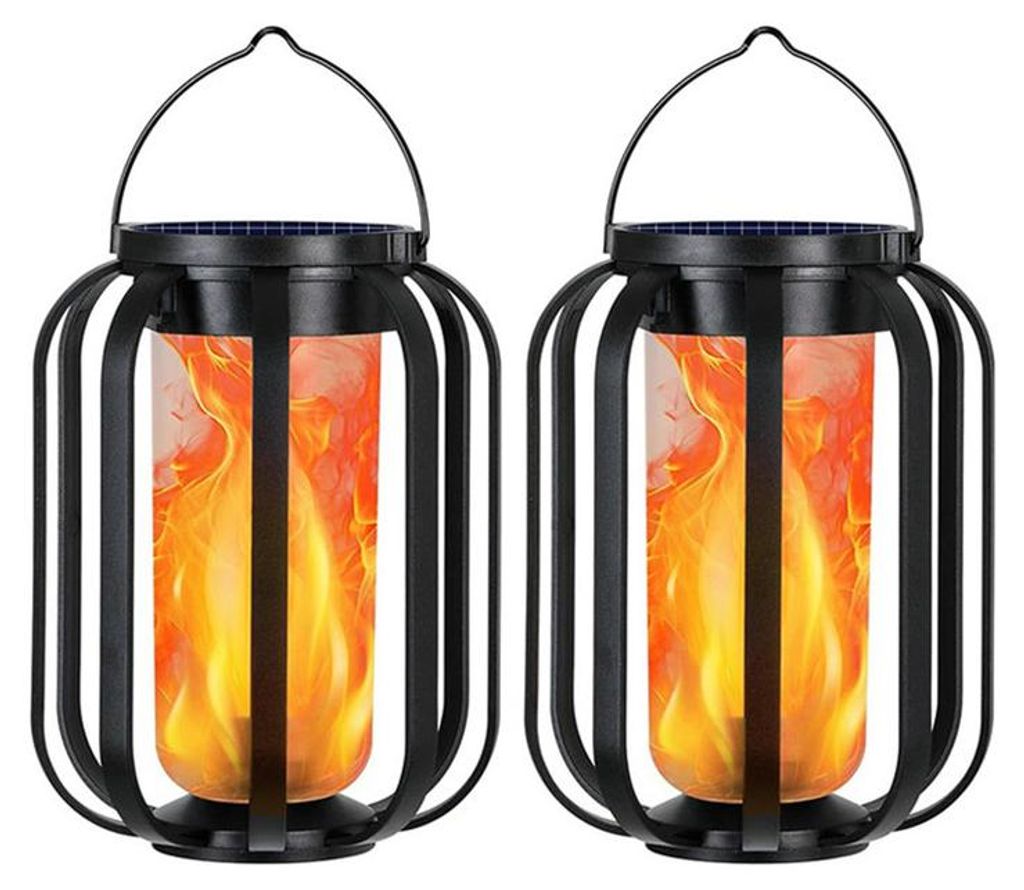Solar Laterne Outdoor 2er Set, Solarleuchte mit Flammeneffekt & USB Typ-C, wasserdichte Gartenlaterne für Terrasse Camping Balkon