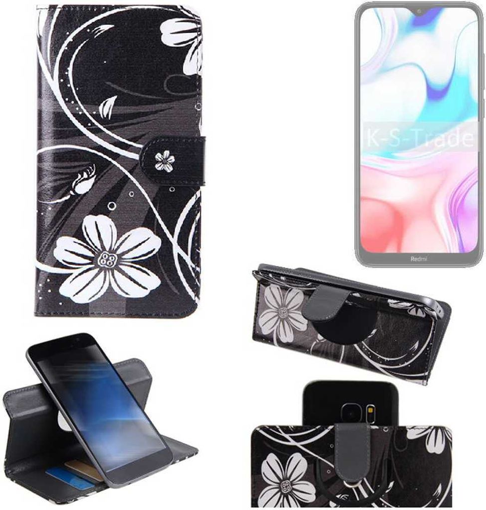 K-S-Trade Schutzhülle Handyhülle kompatibel mit Xiaomi Redmi 8 Hülle 360° Wallet Case ''Flowers'' Klapphülle Hülle schwarz-weiß 1x