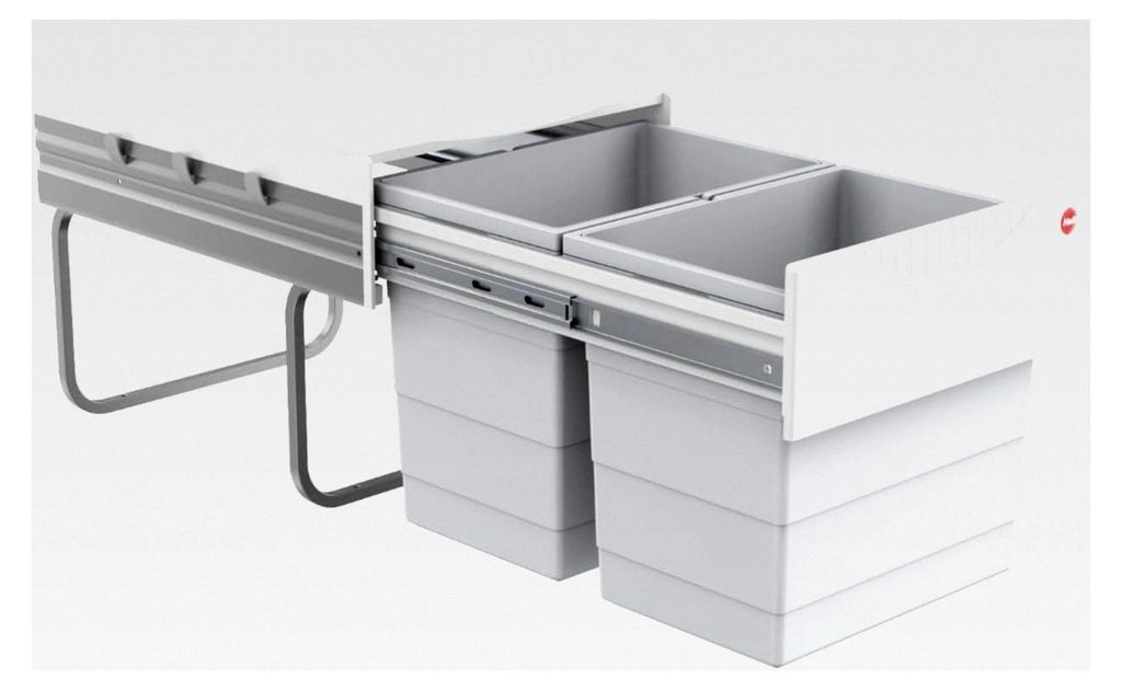 Abfallsammler | Raumspar-Tandem 2x 18 Liter | ab 40 cm Schrank mit Drehtür | 346 x 475 x 336 mm | Kunststoffteile hellgrau | 2-fach Abfalltrennsys...