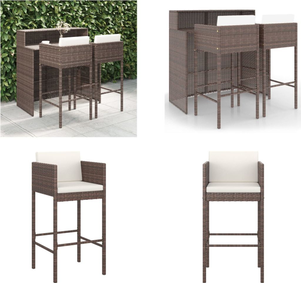vidaXL 3 tlg. Gartenbar Set mit Kissen Poly Rattan Braun - Garten-Bar-Set - Garten-Bar-Set - Garten-Essgruppe - Garten-Essgruppen