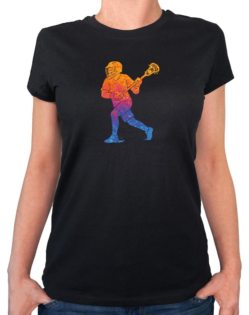 Huuraa Damen T-Shirt Lacrosse bunte Silhouette XL Black Bio Baumwolle Fairtrade Damenshirt Geschenkidee