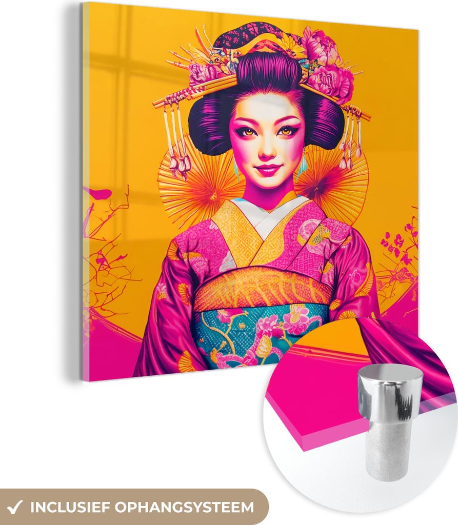 MuchoWow Glasbilder - Bilder auf Wandbild - Foto auf Glas Blumen - Frau - Kimono - Rosa 40x40 cm Wanddekoration aus Glas - Acrylglasbild - Acrylbilder