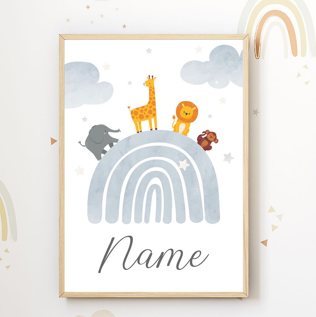 Kinderposter personalisiert mit Namen | Kinderzimmer Regenbogen Safari Tiere – Digital (Versand per Mail) / Grau