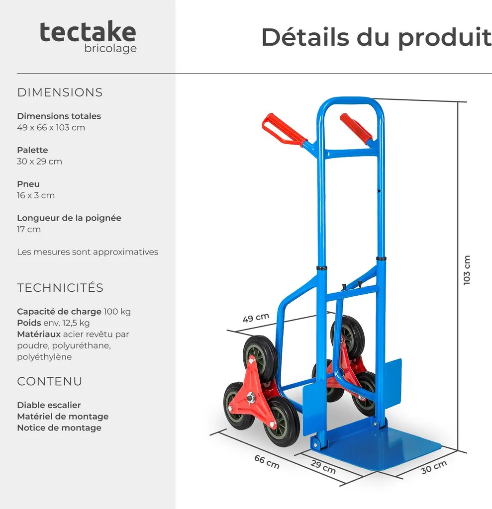 Diable monte escalier 200 kg bleu avec plateau pliable robuste T-85