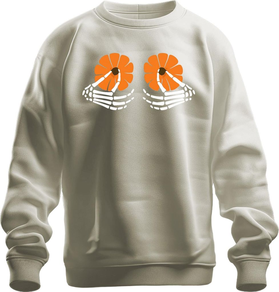 Skeletthände Kürbis Brüste Halloween Gothisch Tag der Toten Herbst Uni Sweatshirt Pullover, Natur, XL