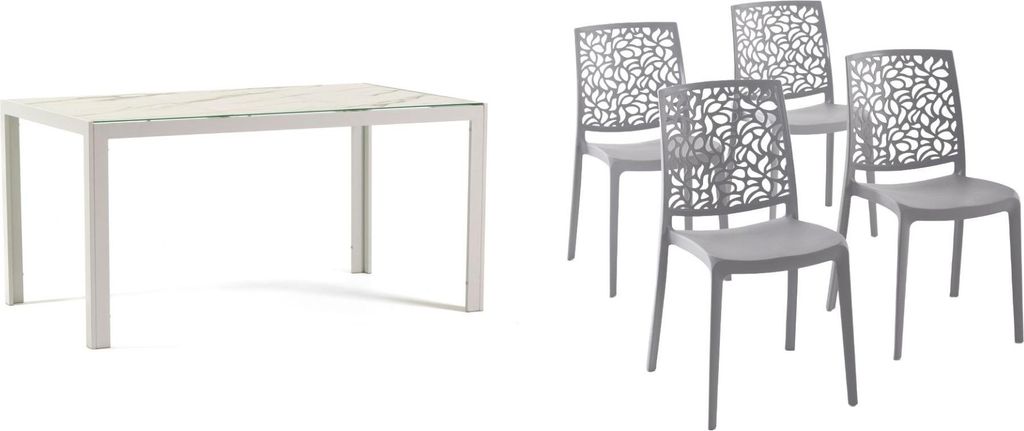 Ess-Set mit rechteckigem Tisch 150×90 cm aus Aluminium und 4 Stühlen aus glasfaserverstärktem Harz – modernes, robustes und vielseitiges Desig...