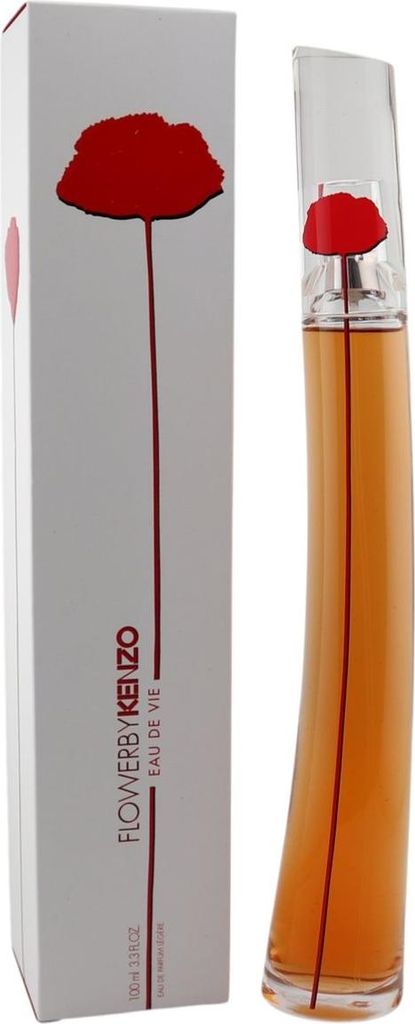 Weiß-rote Verpackung und transparenter, geschwungener Flakon mit roter Mohnblume des Parfums „Flower by Kenzo Eau de Vie“.