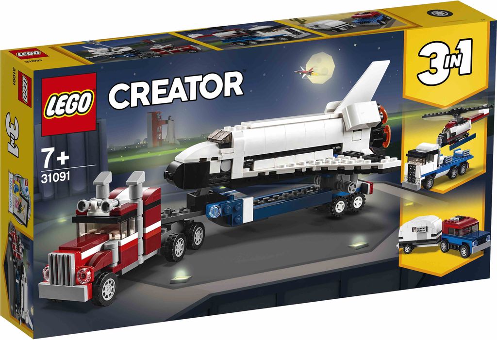 A LEGO Creator 3-in-1 set box showing a space shuttle transporter truck, a helicopter transporter, and a camper van.