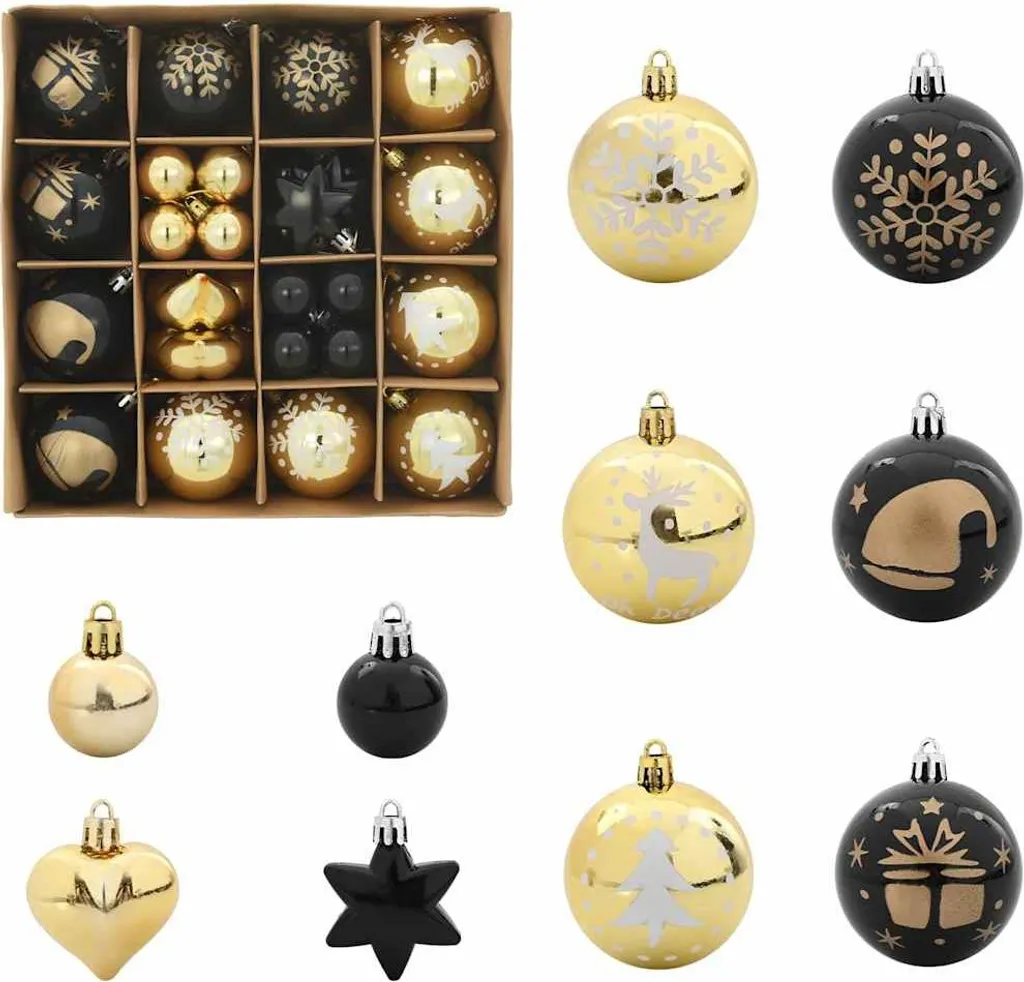 Ensemble de 40 Boules de Noël Noir et Or en Plastique Incassable