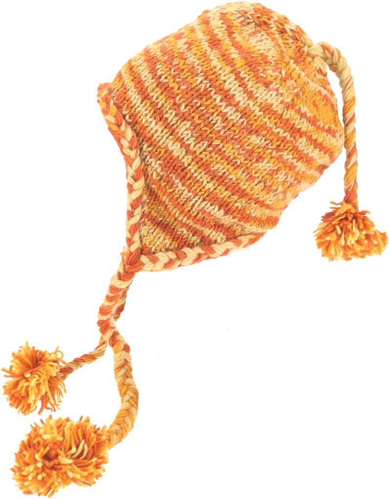 Wollmütze mit Ohrenklappen, Norwegermütze, Batik Wintermütze, Bommelmütze - Orange/batik, Uni, Wolle, Mützen