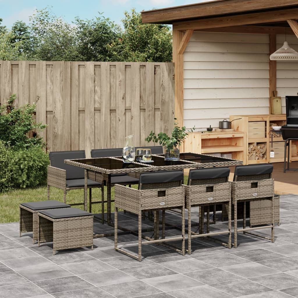 Maison Exclusive - 11-tlg. Garten-Essgruppe mit Kissen Grau Poly Rattan