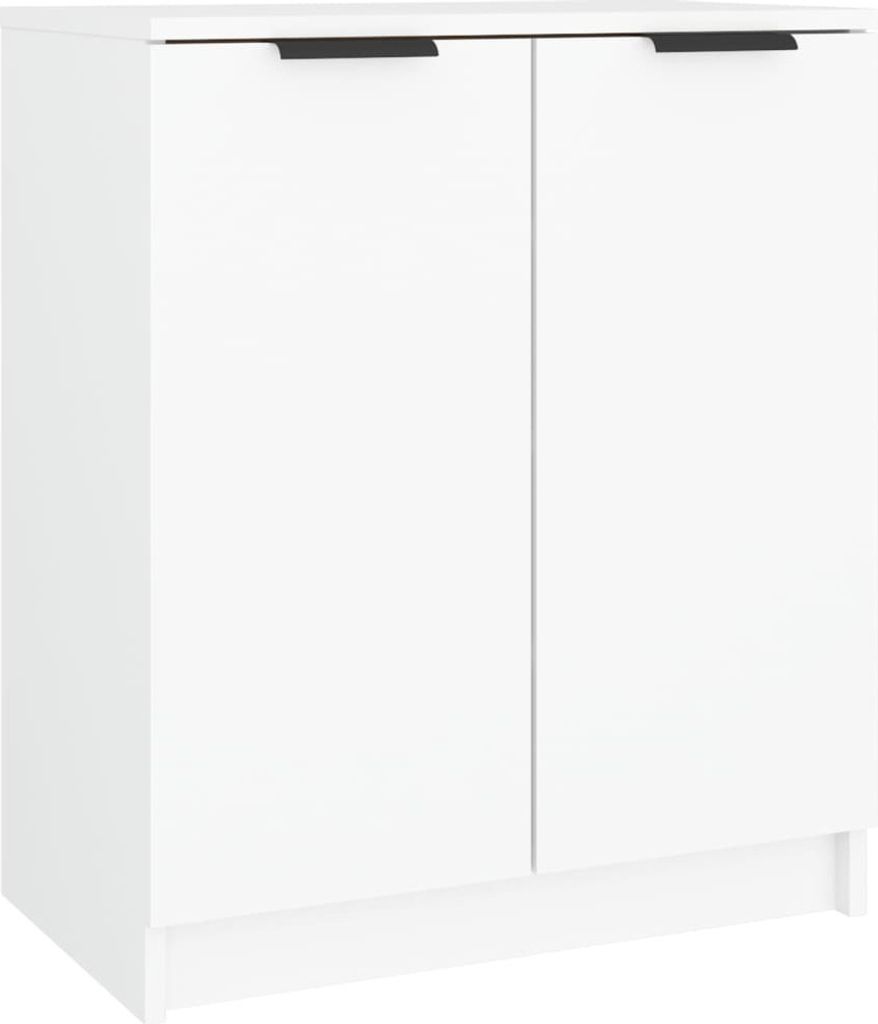 A white two-door cabinet with black handles, shown from the front against a white background.