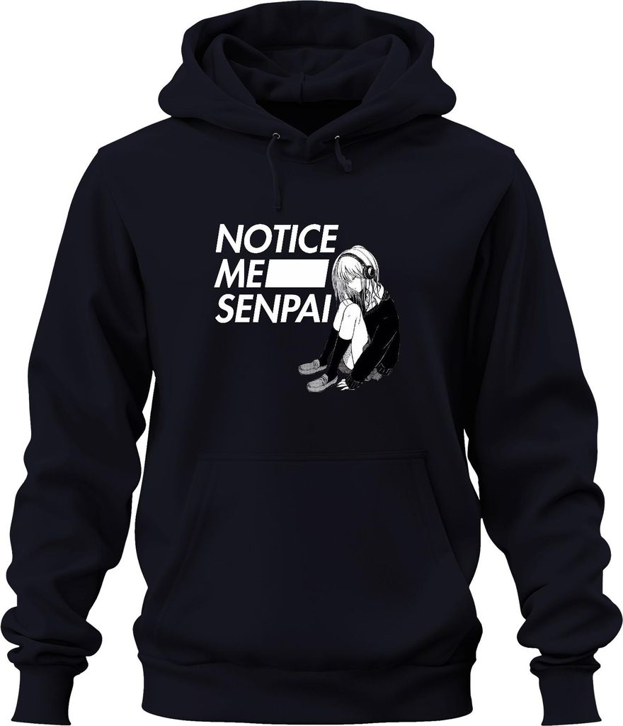 NOTICE ME SENPAI Anime Manga Mädchen Kopfhörer Kawaii Otaku Japan Uni Hoodie Kapuzenpullover, Navy, S
