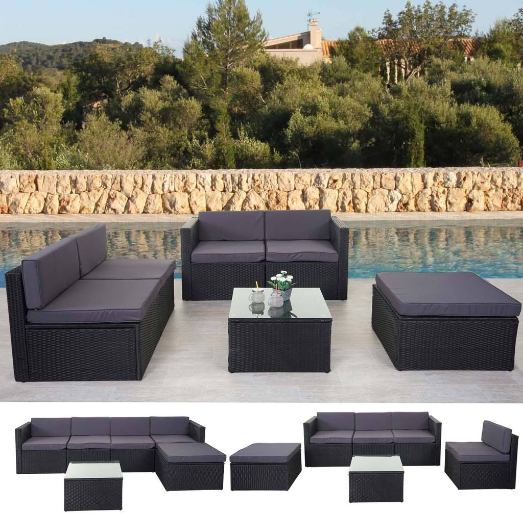 Poly-Rattan-Garnitur HWC-D24, Garten-/Lounge-Set Sofa anthrazit, Polster dunkelgrau