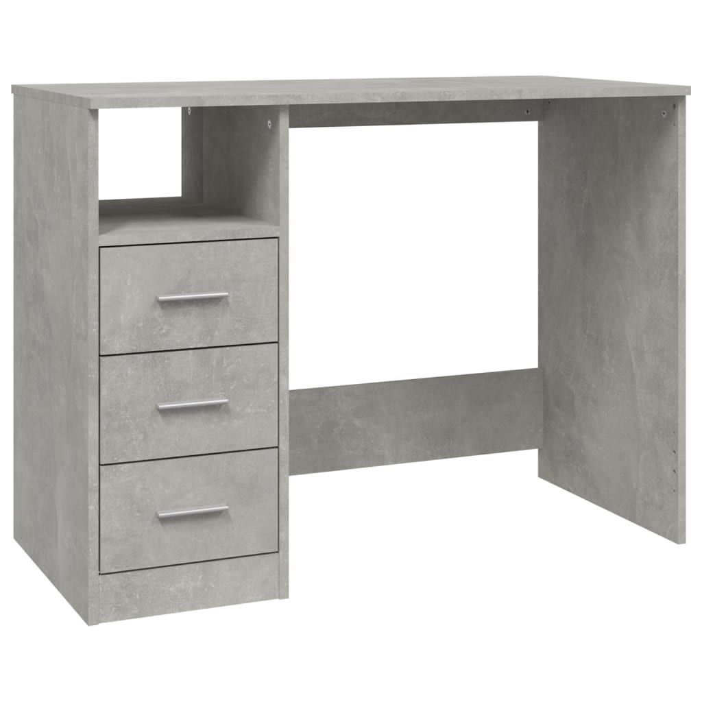 A grey desk with drawers against a white background.
