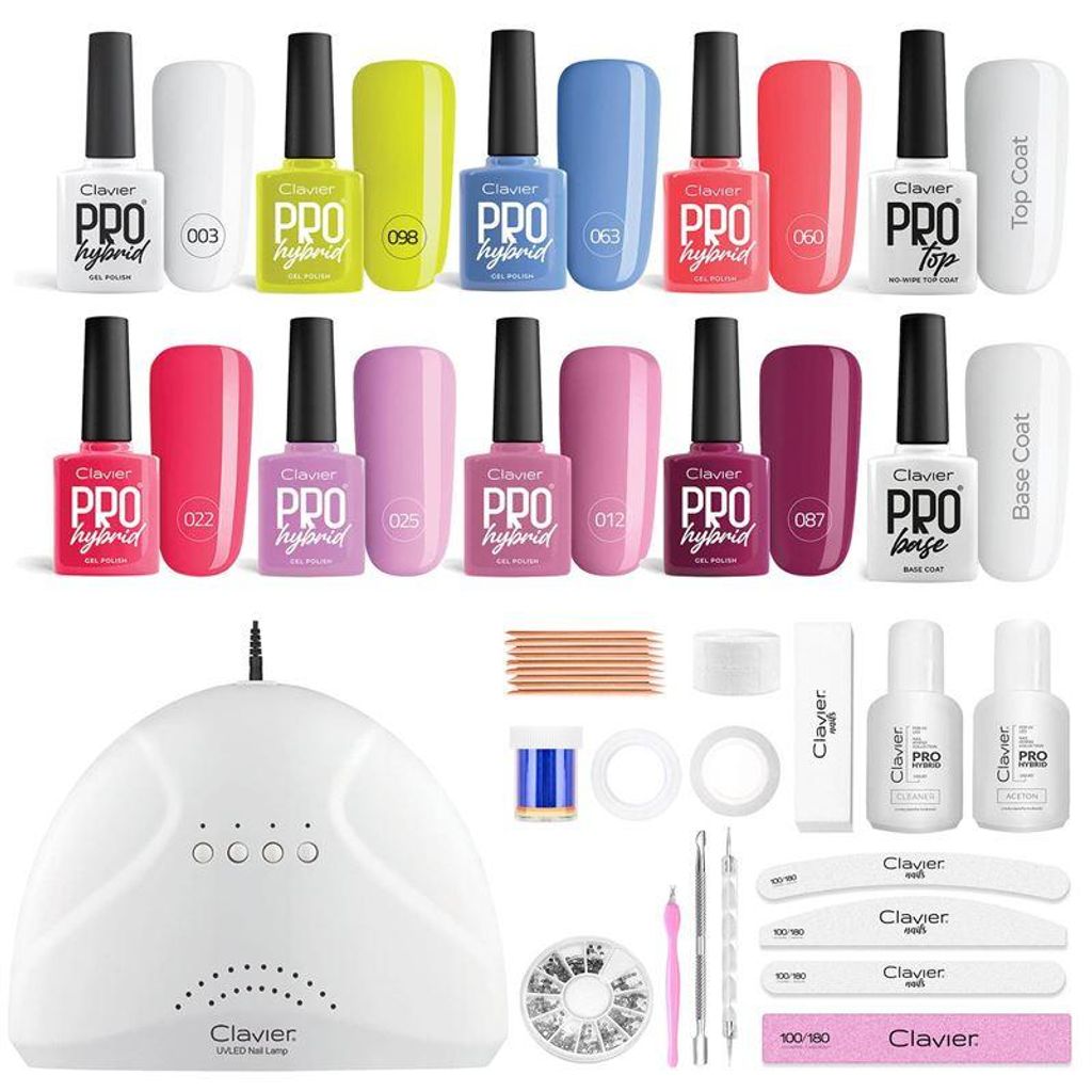 UNIQ Gel Nagellack Starter Set CL-01 mit 24W UV-LED Lampe, Base Coat, Top Coat, 3 Farben und Maniküre Zubehör