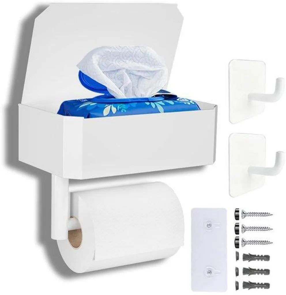 Dérouleur papier toilette adhésif blanc avec bac à lingettes intégré
