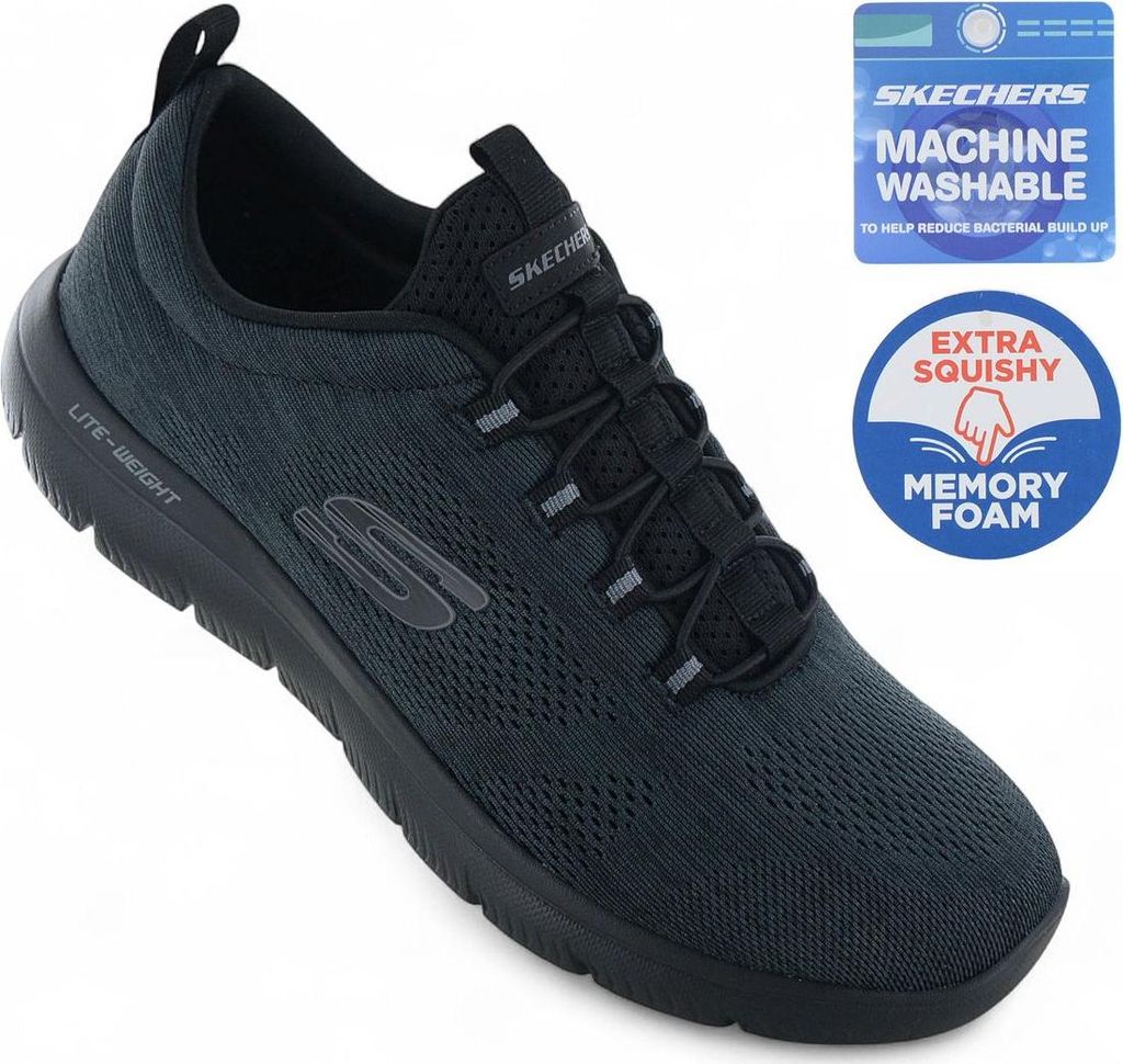 A black Skechers Summits-Louvin men's sneaker is shown against a white background, with two marketing badges in the upper right corner.