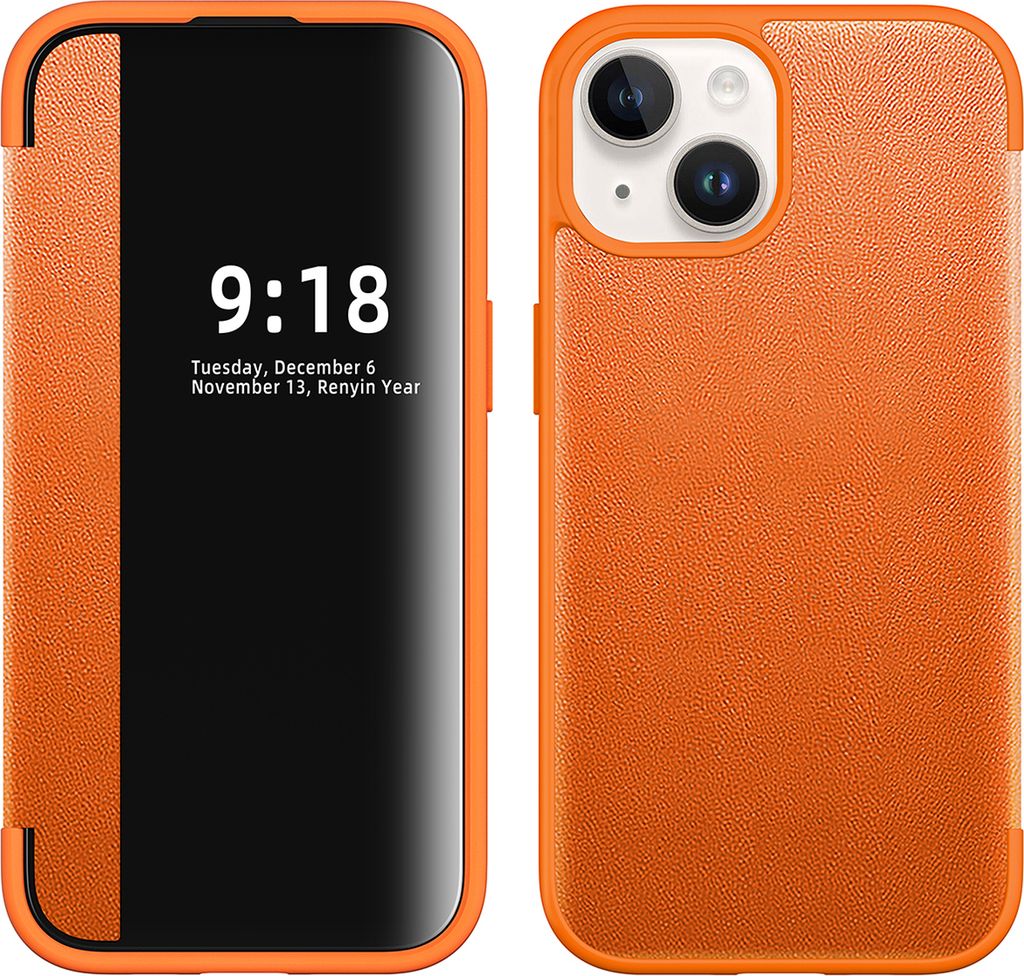 iPhone 15 Plus Hülle, Schlank Kunstleder Klapp Ledertasche Schutzhülle für iPhone 15 Plus Orange