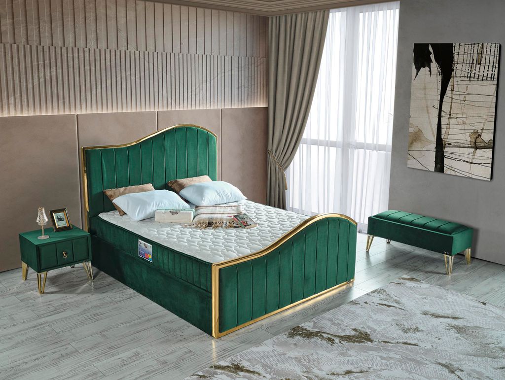 Schlafzimmer-Set "Alia" – Bett mit Bettkasten und Matratze , Bettbank, Nachttisch-Grün