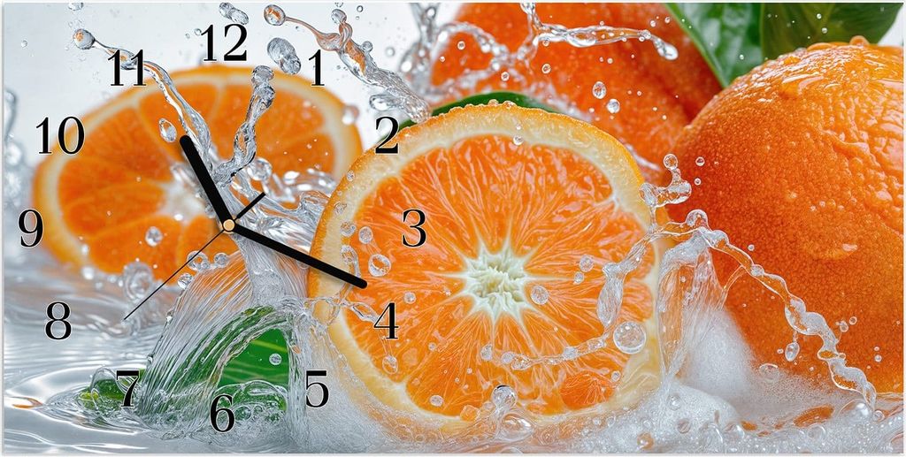 Wanduhr aus Glas mit Motiv Spritzige Orangen- 60 x 30 cm - inkl. Aufhängesystem