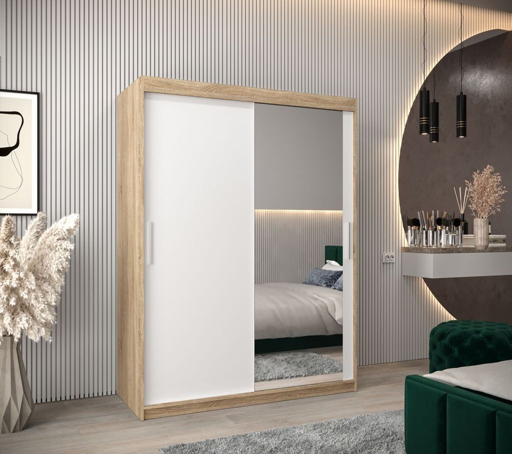 Schwebetürenschrank mit einer Breite von 150 cm TIMEA 2 – Eiche Sonoma / Weiß