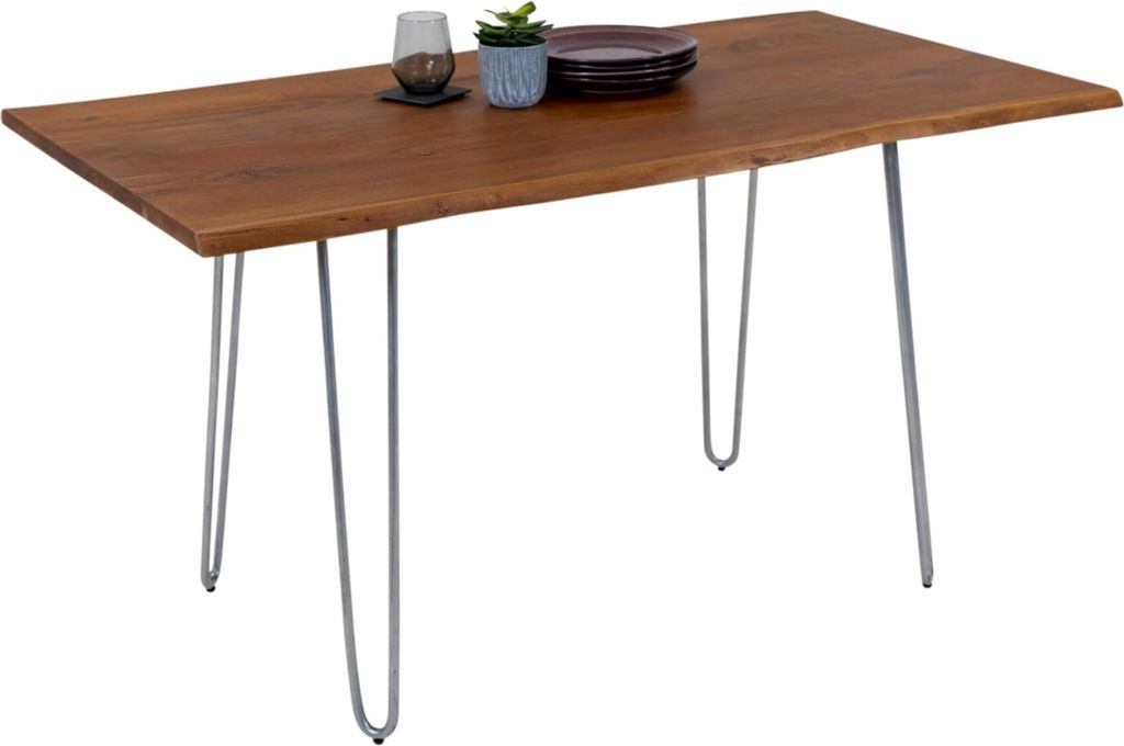 Esszimmertisch 120x80cm Hannah, echte Baumkante, Akazienholz nussbaumfarben, massiver Baumkantentisch mit Hairpin-Gestell Silber