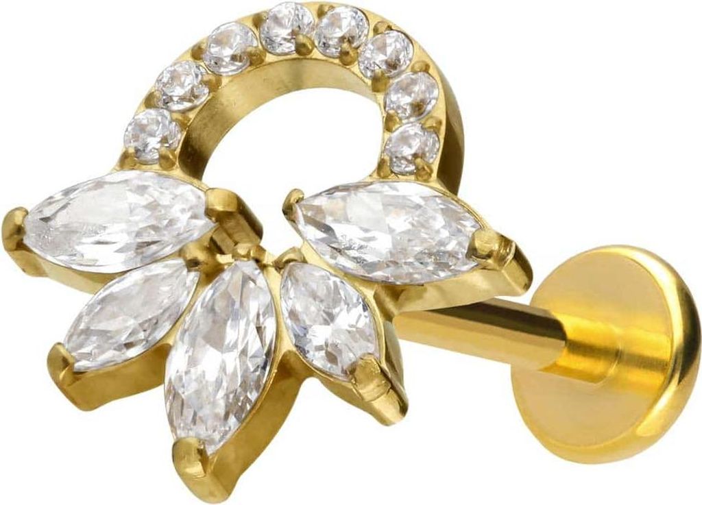 Ohrpiercing, Nasenpiercing Titan Labret mit Push Fit KRISTALLRASSEL Gold Stablänge: 10mm | Stabstärke: 1mm