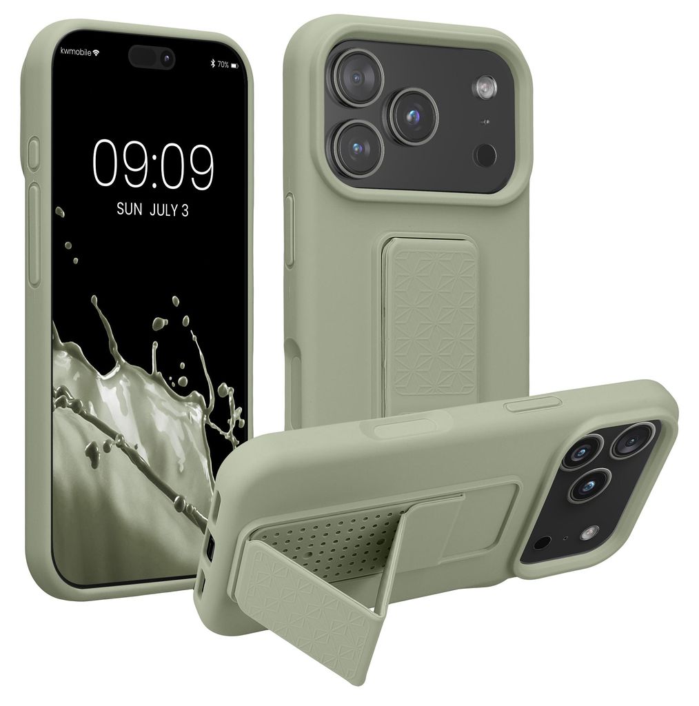 kwmobile Handyhülle für Apple iPhone 17 Pro Hülle - TPU Silikon Case mit Fingerhalter und Stand - Schutzhülle Cover in Graugrün