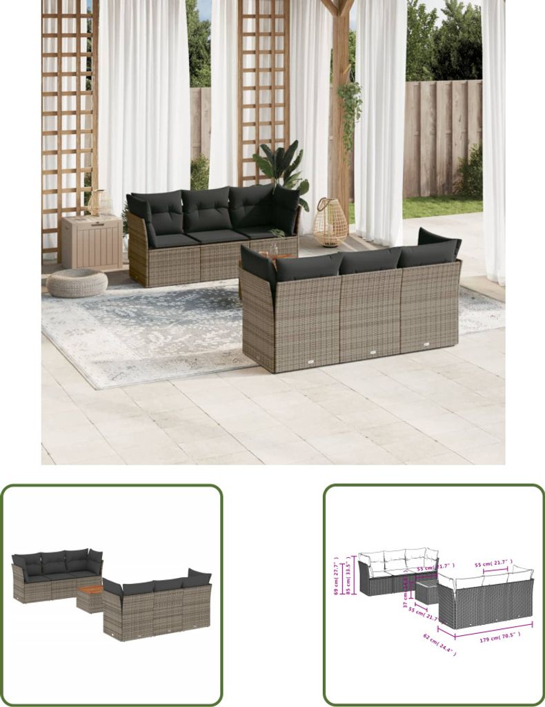 The Living Store 7-tlg. Garten-Sofagarnitur mit Kissen Grau Produktbild 