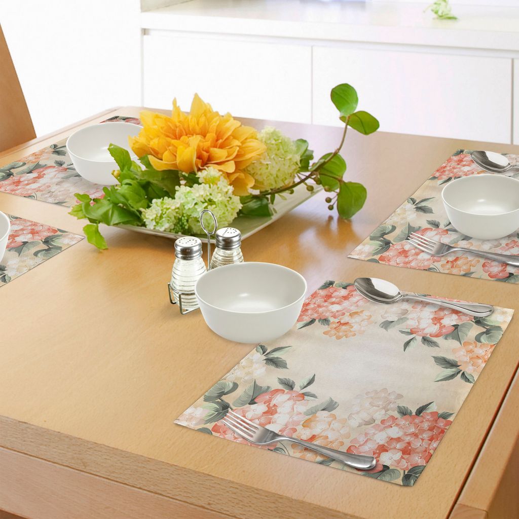 ABAKUHAUS Blumen Platzmatten, Blühende Hortensie-Blumen verlässt Blumenstrauß-Weinlese-Art-Frühlings-Natur-Druck, Tiscjdeco aus Farbfesten Stof...