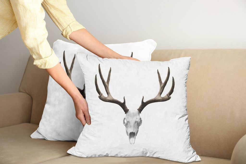 ABAKUHAUS Geweih Kissenbezug Set (2Stück), Eine Hirsch Schädel Skelett Kopf Knochen Halloween Jäger Sammlung, 60x60cm, Warm Taupe Hellgrau