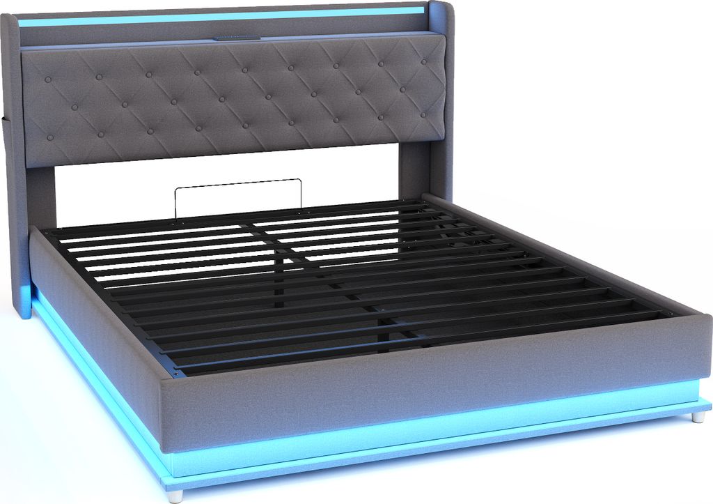 A modern bed frame with a tufted headboard and LED lighting.