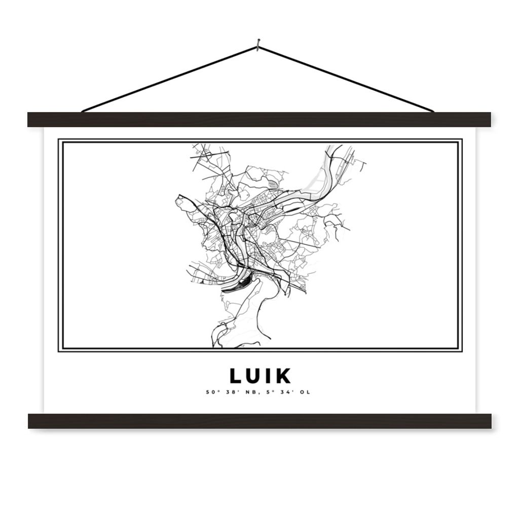 MuchoWow Textilposter Stadtplan - Schwarz und weiß - Karte - Lüttich - Belgien - Karte 120x80 cm mit schwarzem Rahmen - Wanddeko