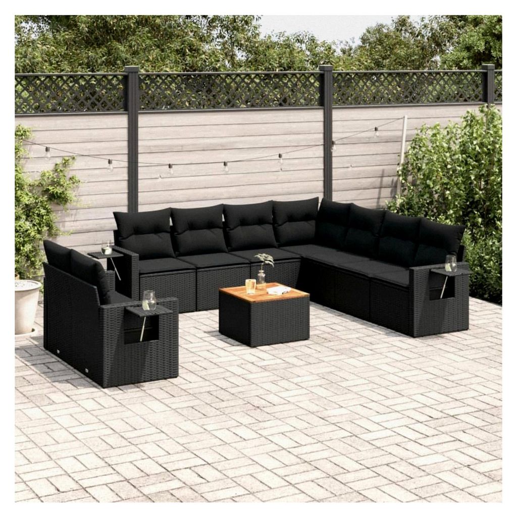 Gartenmöbel-Set mit 10 Kissen aus Polyrattan in Schwarz