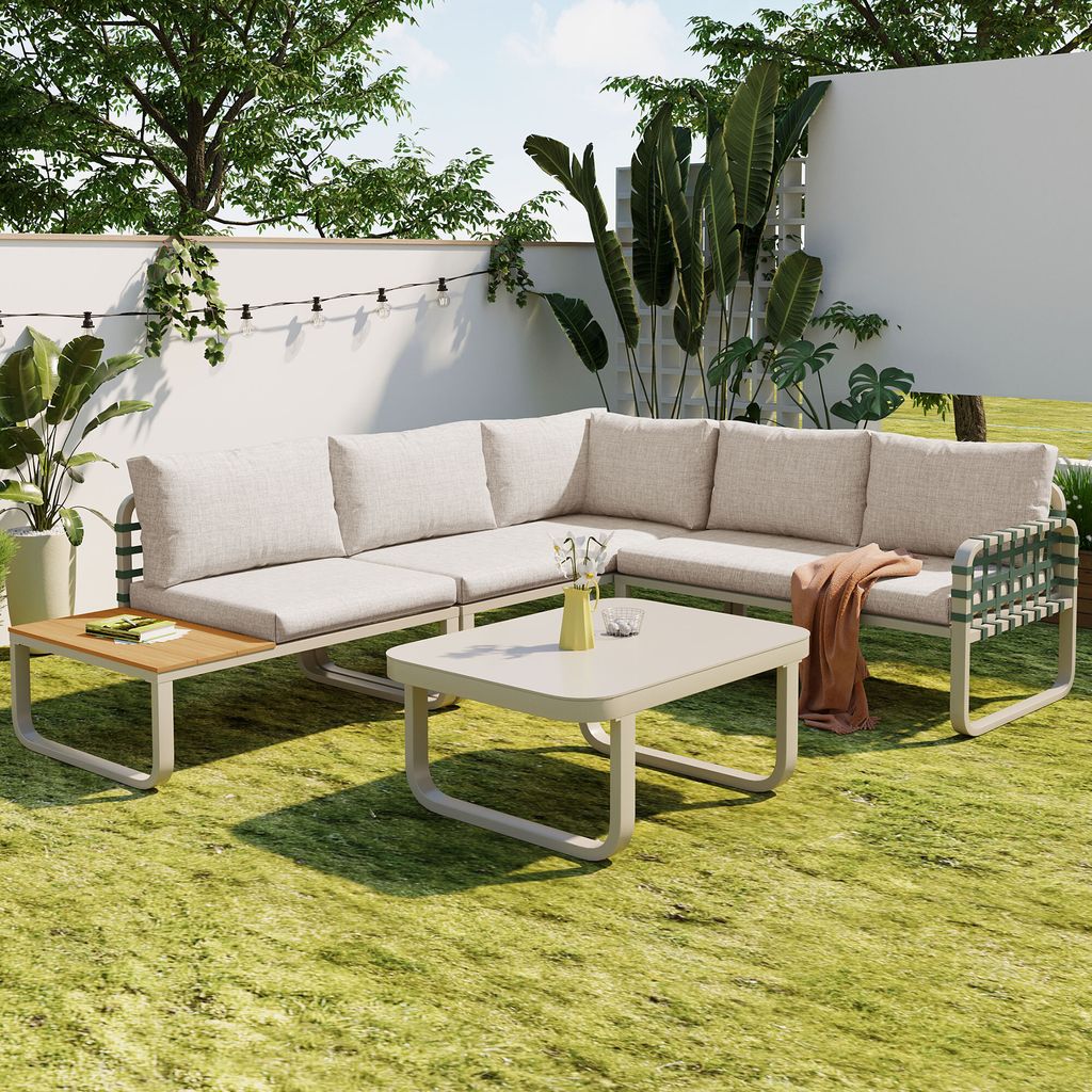 Gartenmöbel Set (4-5 Sitzer) – Outdoor Sofa Set in Grünes Leder Rattan, Sitz - und Rückenkissen, Terrassenmöbel, Balkon Sofa, Outdoor Couch