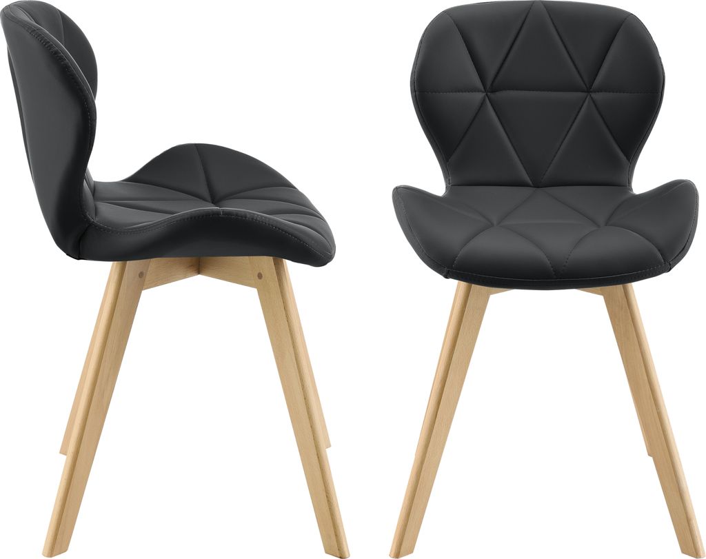 Two black chairs with wooden legs are shown against a white background.