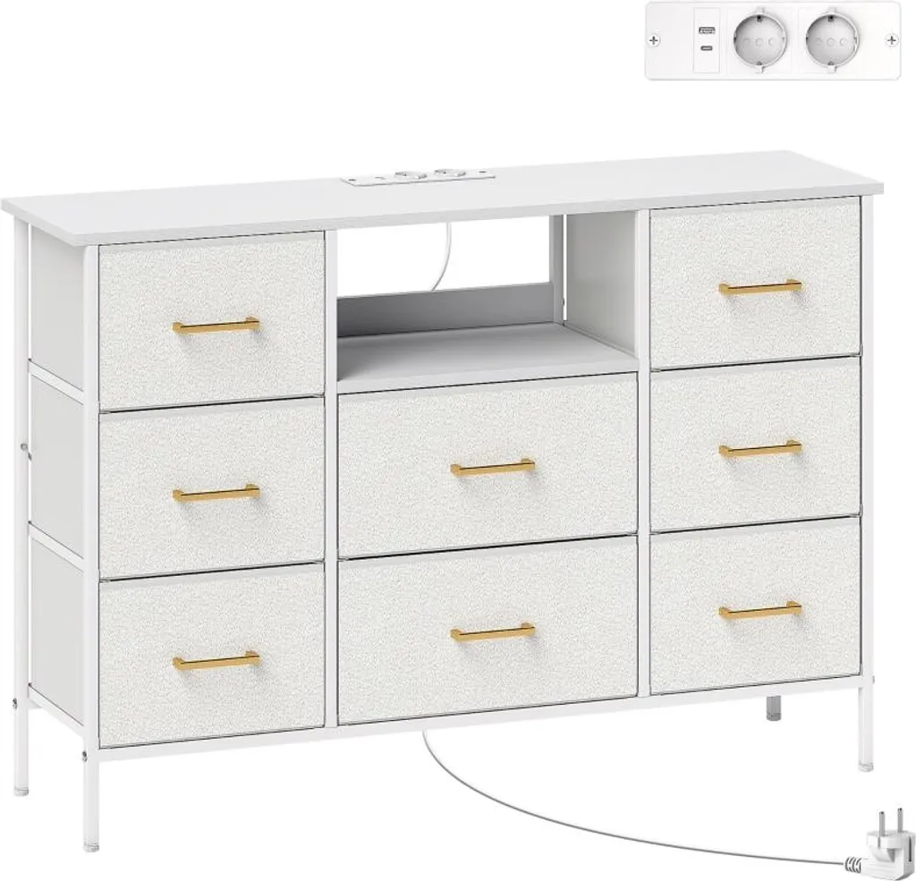 Commode 8 tiroirs en tissu avec multiprise intégrée et cadre en acier