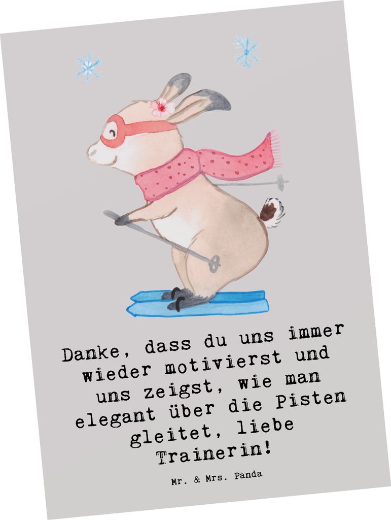 Mr. & Mrs. Panda Postkarte Skifahren Trainerin Liebe - Grau Pastell - Geschenk, Ski Coach, Pisten, Inspiration, Dankeschön, Ansichtskarten, Grußk...