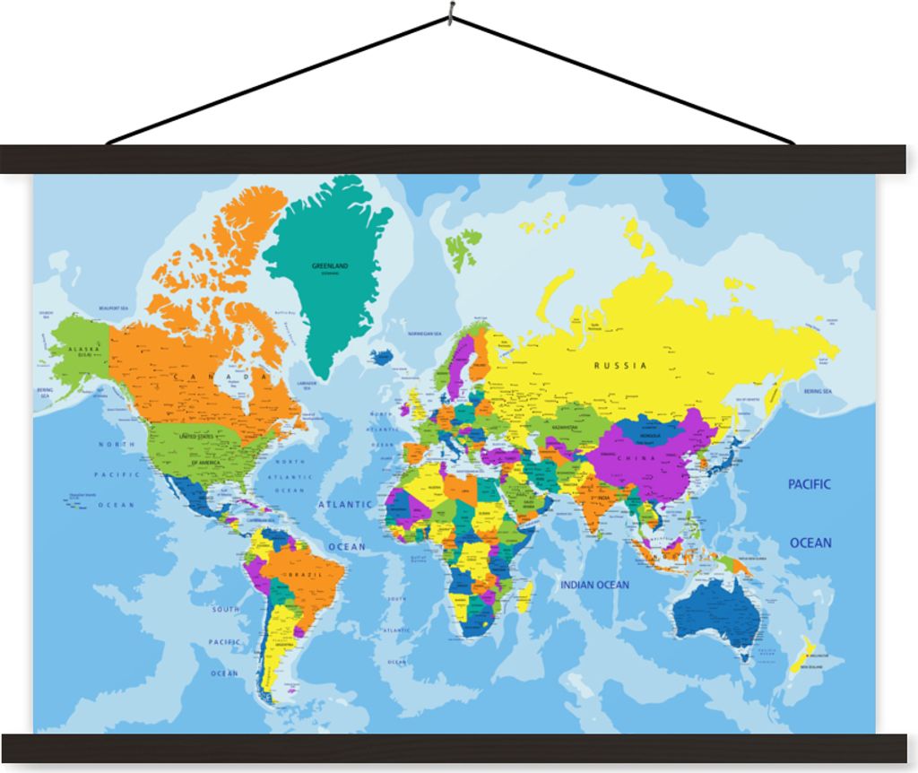 MuchoWow Textilposter Weltkarte - Farben - Buchstaben - Kinder - Jungen - Mädchen 150x100 cm mit schwarzem Rahmen - Schlafzimmer