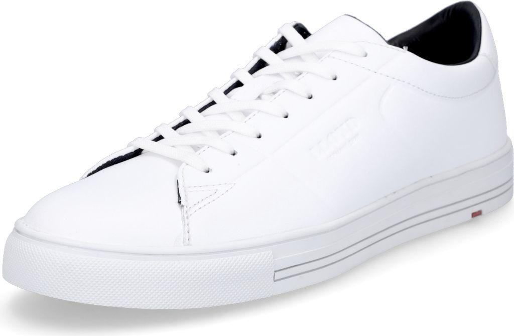 A white leather sneaker on a white background.