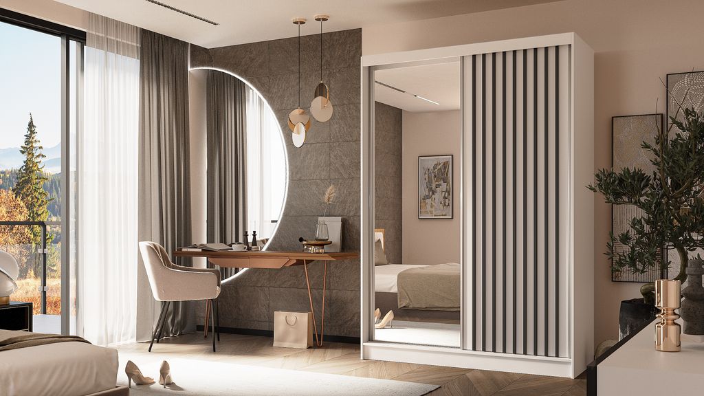 ALTDECOR Kleiderschrank mit Spiegel und Schiebetüren, kugelgelagerte Führungsschienen und Aluminium-Leisten - LAMELO - 150 cm - Weiß/Weiß/Schwarz
