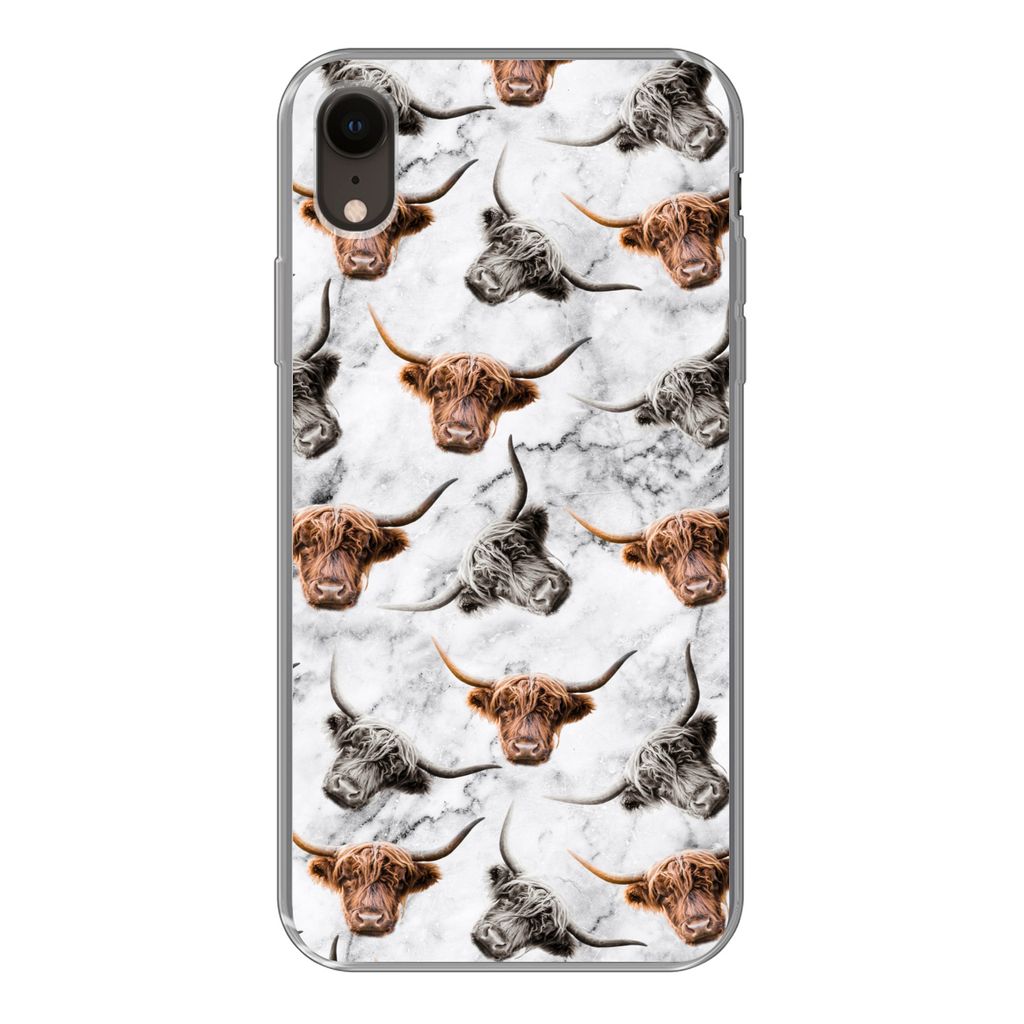 MuchoWow Handyhülle Schutzhülle Hülle für iPhone XR Schottischer Highlander - Kuh - Marmor Silikon Softcase Handy Hülle - Schutzdeckel