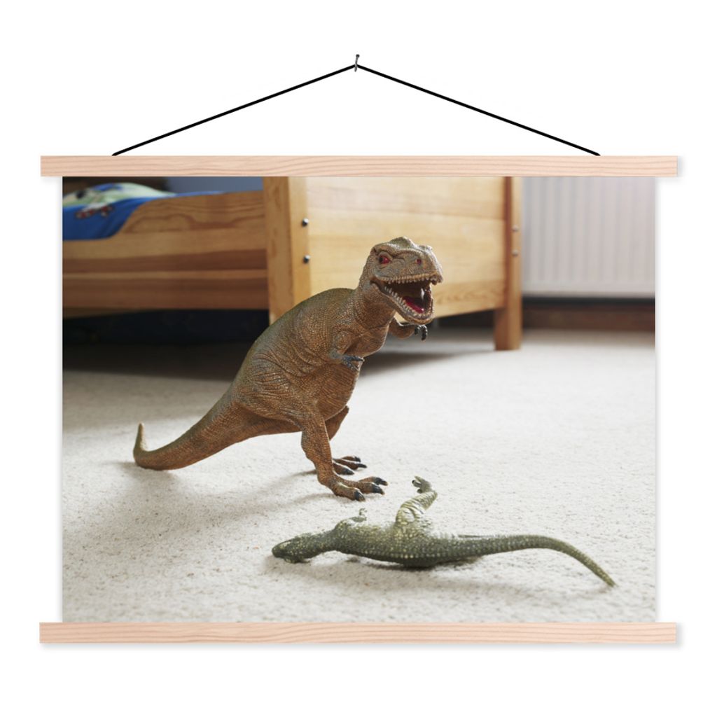 MuchoWow Textilposter Dinosaurier - Spielzeug - Bett 60x45 cm mit holzfarbenen Rahmen - Bild