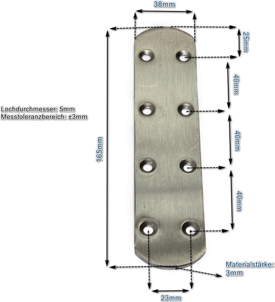 Edelstahl I-Verbinder 165x38mm (VE 1Stk) 1x einsetzbar als Lochwinkel, Metallwinkel, Balkenwinkel, Verbinder, Winkelverbinder